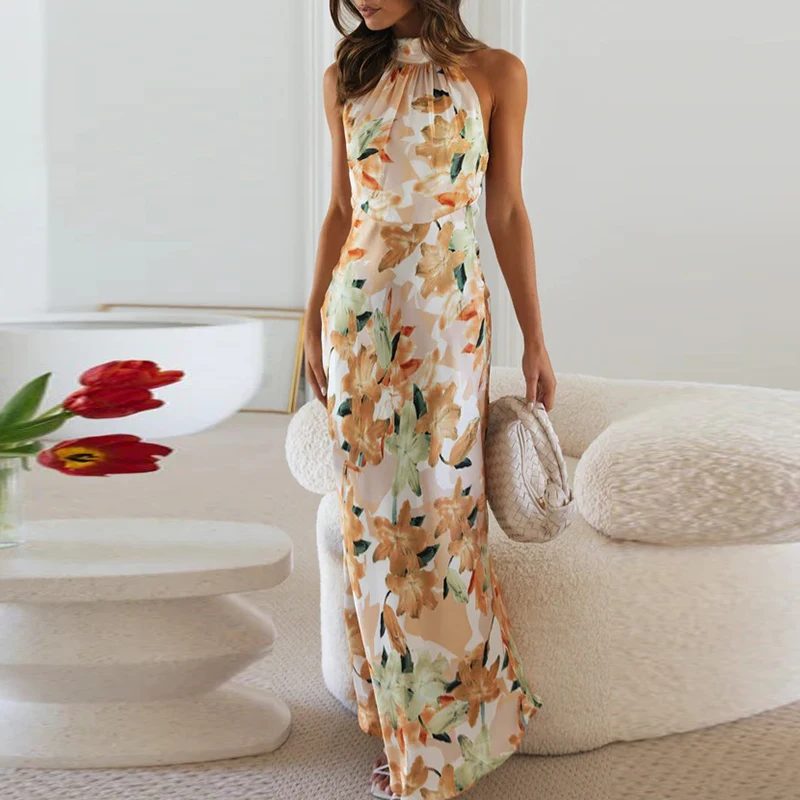 Vestido largo con estampado de flores para mujer, vestido elegante sin mangas de cintura alta, vestidos de fiesta Bohe, vestido Sexy ajustado con cordones y cuello Halter para vacaciones