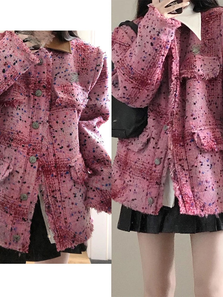 Maglia in pelle con bordo a balza rosa Mix Jaet da donna Primavera Autunno Nuovo marchio Sle Faion High End Feel Collar Coppia Jaet Top