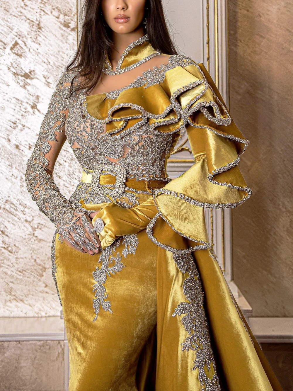 Royal Yellow Velvet Evening Dress Exquisite Party Eleagnt Prom Dresses Mermaid Gown Customized Celebrity Robe De Mariée