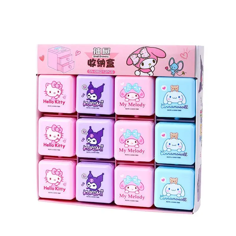 

12Pcs Sanrio Storage Box Hellokitty Mymelody Japanese Children's Cartoon Toy Storage Box Girls' Double-Layer Jewelry Storage Box