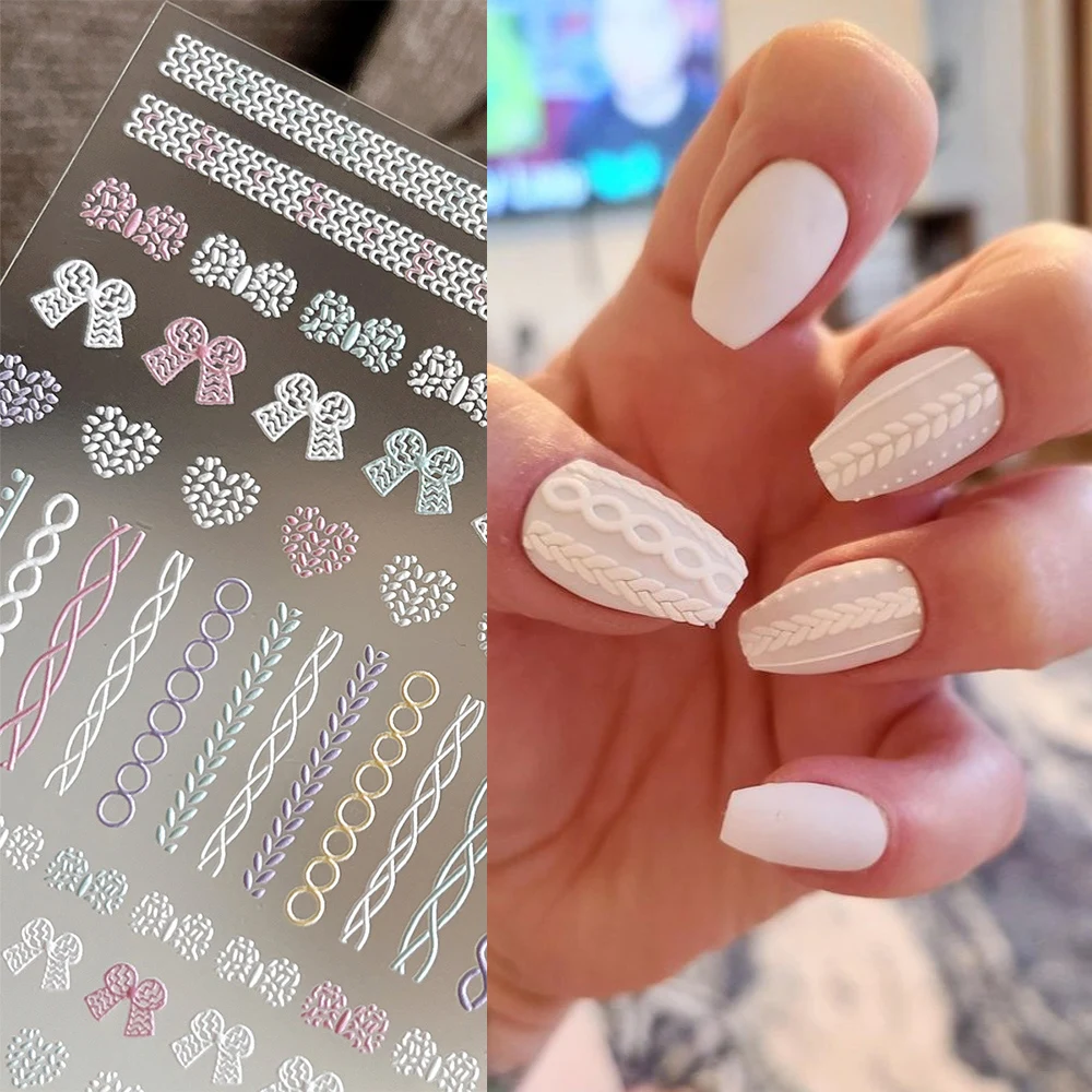 1/2 Uds. Suéter 5D de invierno, pegatina artística para uñas con estampado Macarron, lazo de punto, corazón, encaje, rejilla adhesiva, calcomanía para uñas, deslizadores dulces para uñas