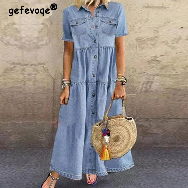 

Summer Ladies Casual Oversized Vintage Pocket Buttons Distressed Loose Long Denim Dress Elegant Short Sleeve Wild Party Dresses