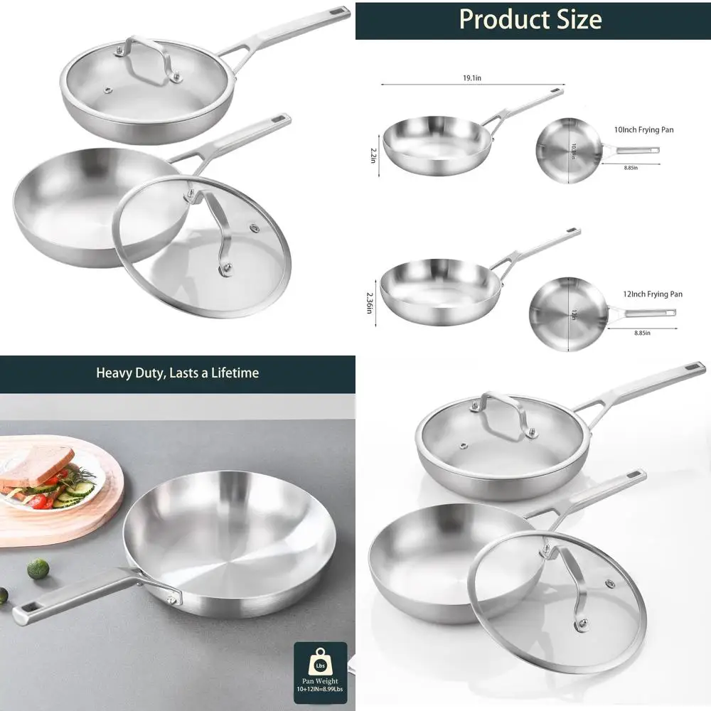 

2-Piece Stainless Steel Pan Set with Lids, 10 & 12 Frying Pans, Fully Bonded, Oven & Dishwasher Safe, Compatible with All Cookto