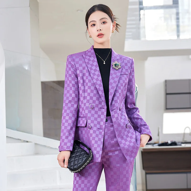 Purple with Squares Plaid Suit Business Suit Women2024Spring and Autumn Double Breasted Coat Bell-Bottom Pants Fashion Suit