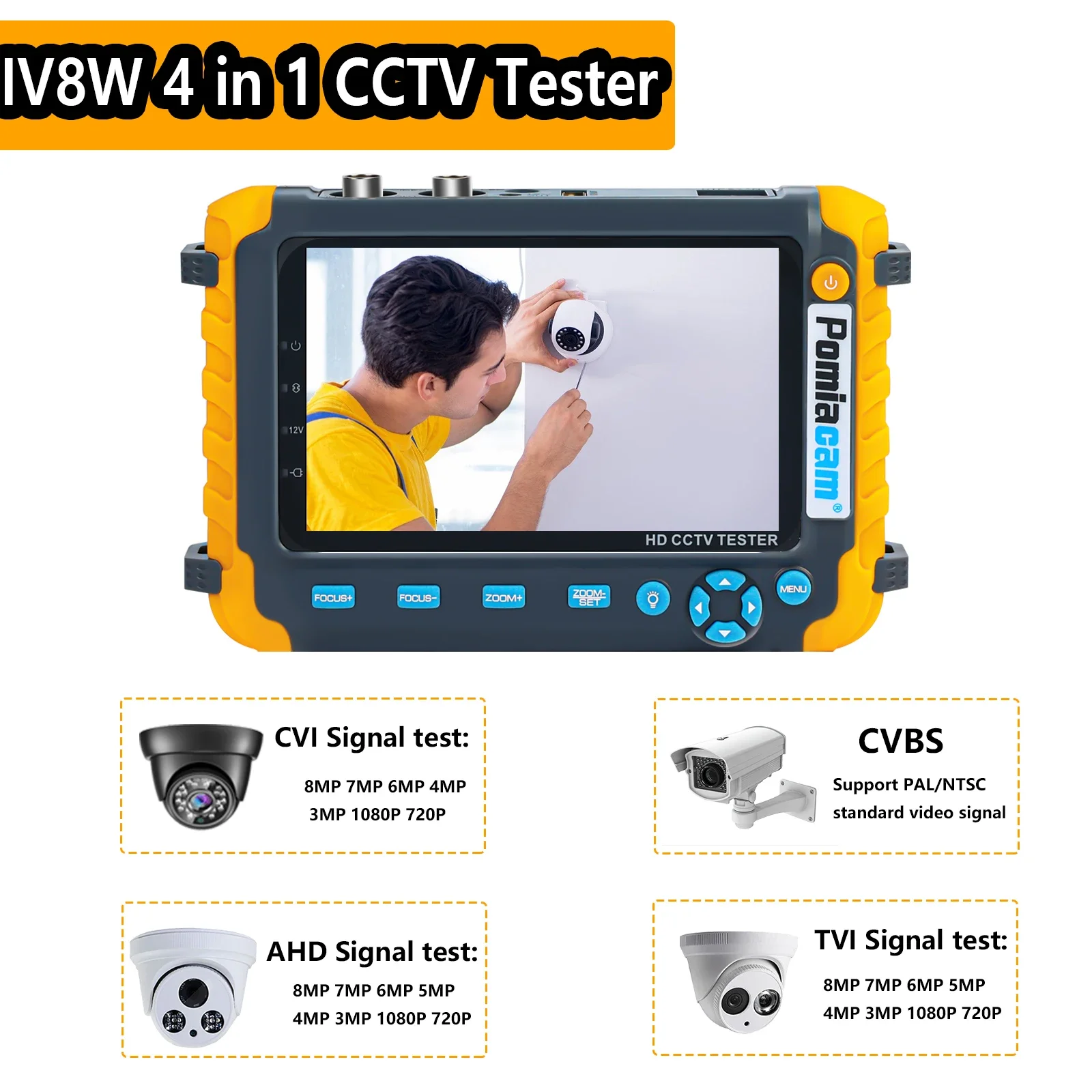 IV8W CCTV Tester 5.0 inch Monitor CVBS 8MP AHD/CVI/TVI 4-In-1 Camera Tester Portable Tester Support PTZ Audio VGA HDMI Input