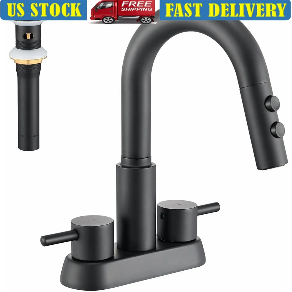 

Выдвижной смеситель для раковины в ванной комнате, 2 ручки, матовый черный, с выдвижным сливом, поворотный на 360 градусов распылитель, простая установка, прочный металл