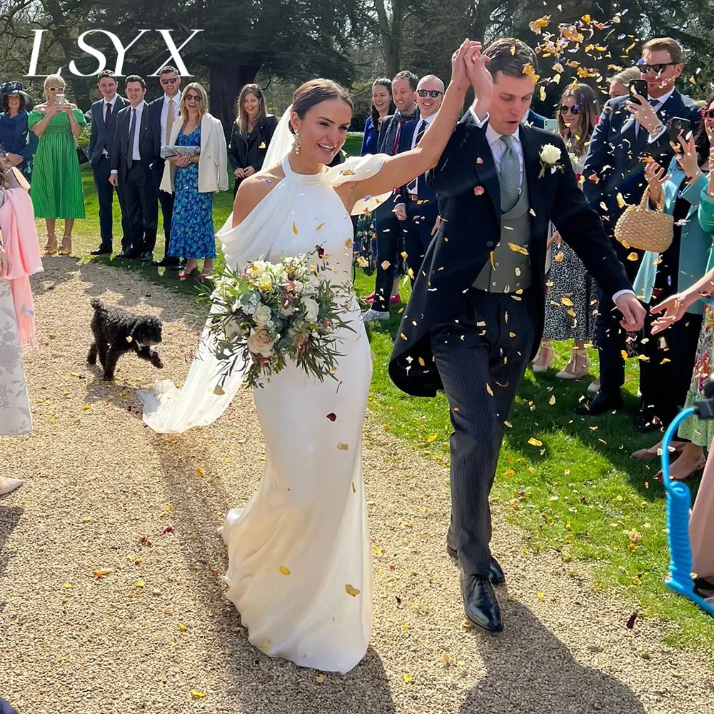 LSYX vestido de novia plisado de crepé con botón Halter para mujer, vestido de novia de sirena, espalda abierta, tren de barrido, hecho a medida