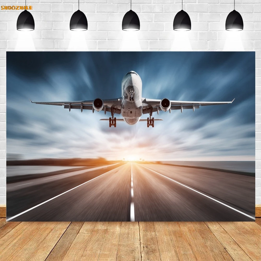 Fondo de fotografía de avión en el cielo, cartel de fiesta de cumpleaños para niño, retrato de bebé, sesión de fotos, fondo de zona fotográfica para estudio fotográfico