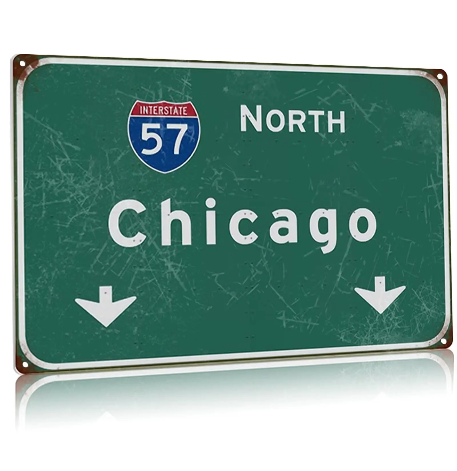 Buoraev Metal Tin Sign Retro North Chicago Interstate 57 Direction Sign Highway Freeway Signage Bar Club Restaurant Airport High