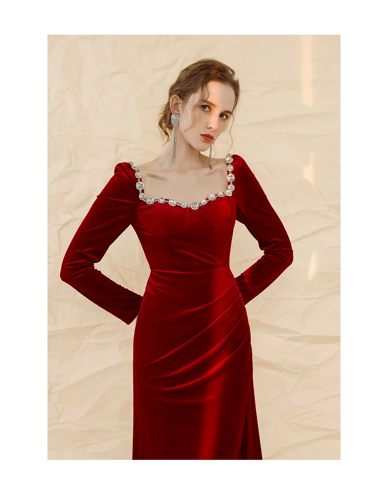 sweetheart neck bride red toast dress high-end engagement small dress velvet split pleated dress can be worn at ordinary times