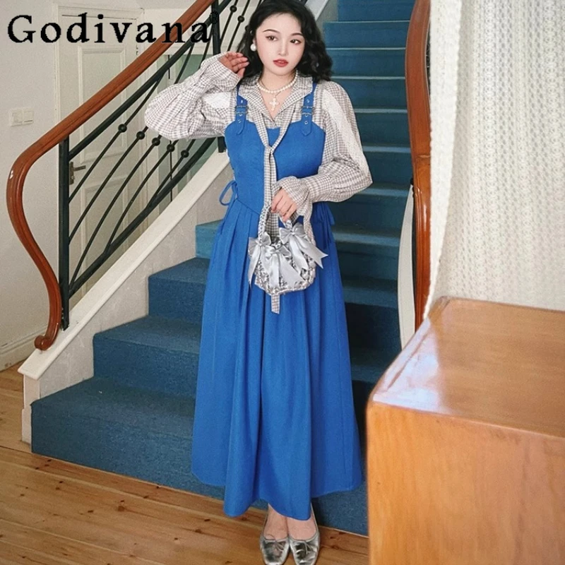 Lady Autumn Vintage Plaid Turn-down Collar Long-sleeved Strap Shirt Blue College Adjustable Strap Long A-line Age-reducing Dress