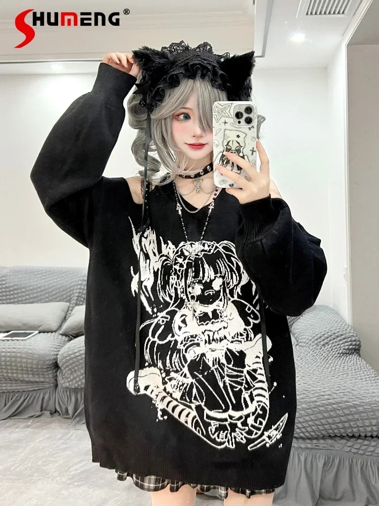 Japanese Subculture Harajuku Hollow Off-shoulder Long-sleeve V-neck Pullover Sweater Women Black Loose Casual Y2K Knitted Tops