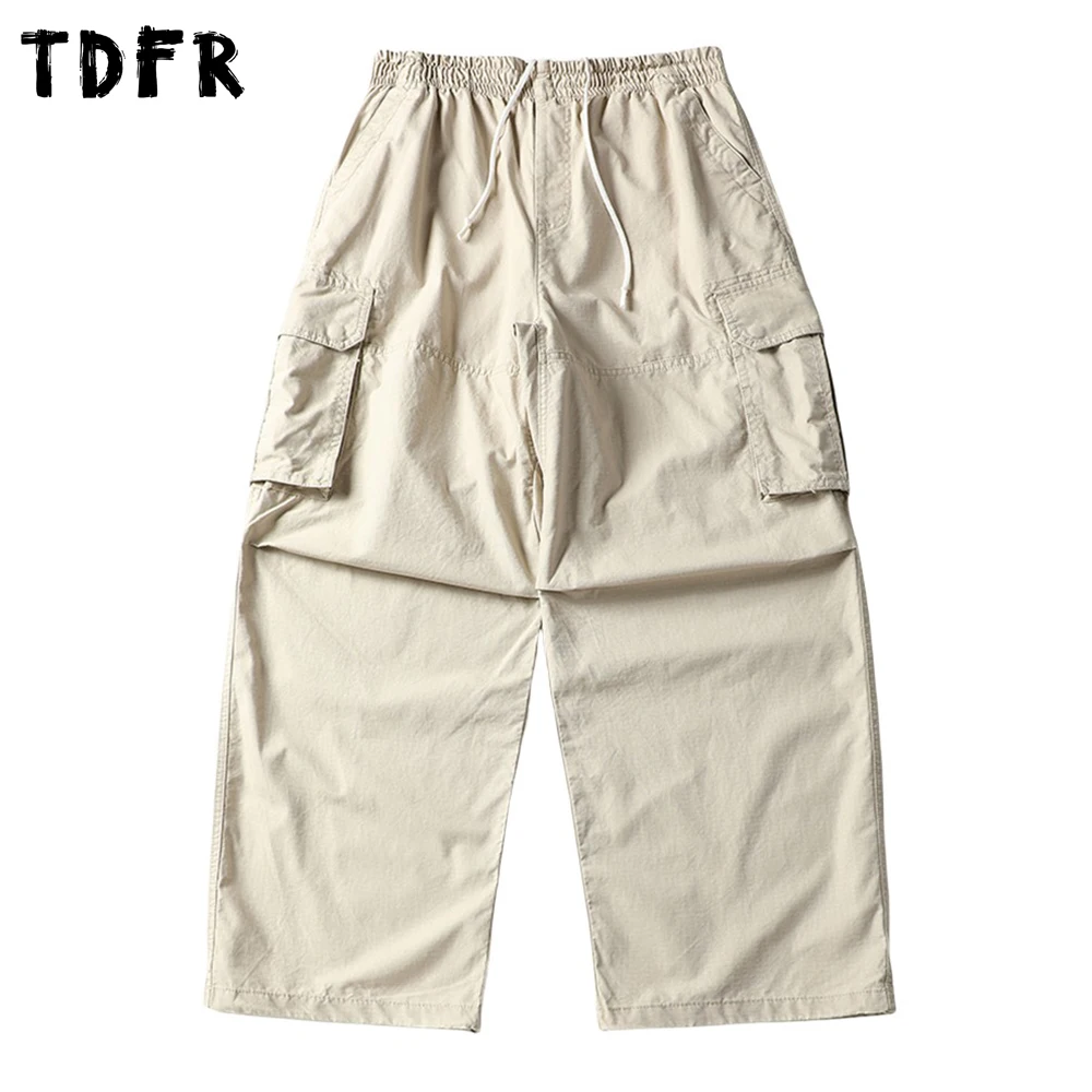 

Multi-Pocket Cargo Pants Mens Pleated Solid Color Safari Style Retro Elastic Waist Baggy Wide Leg Trousers Man