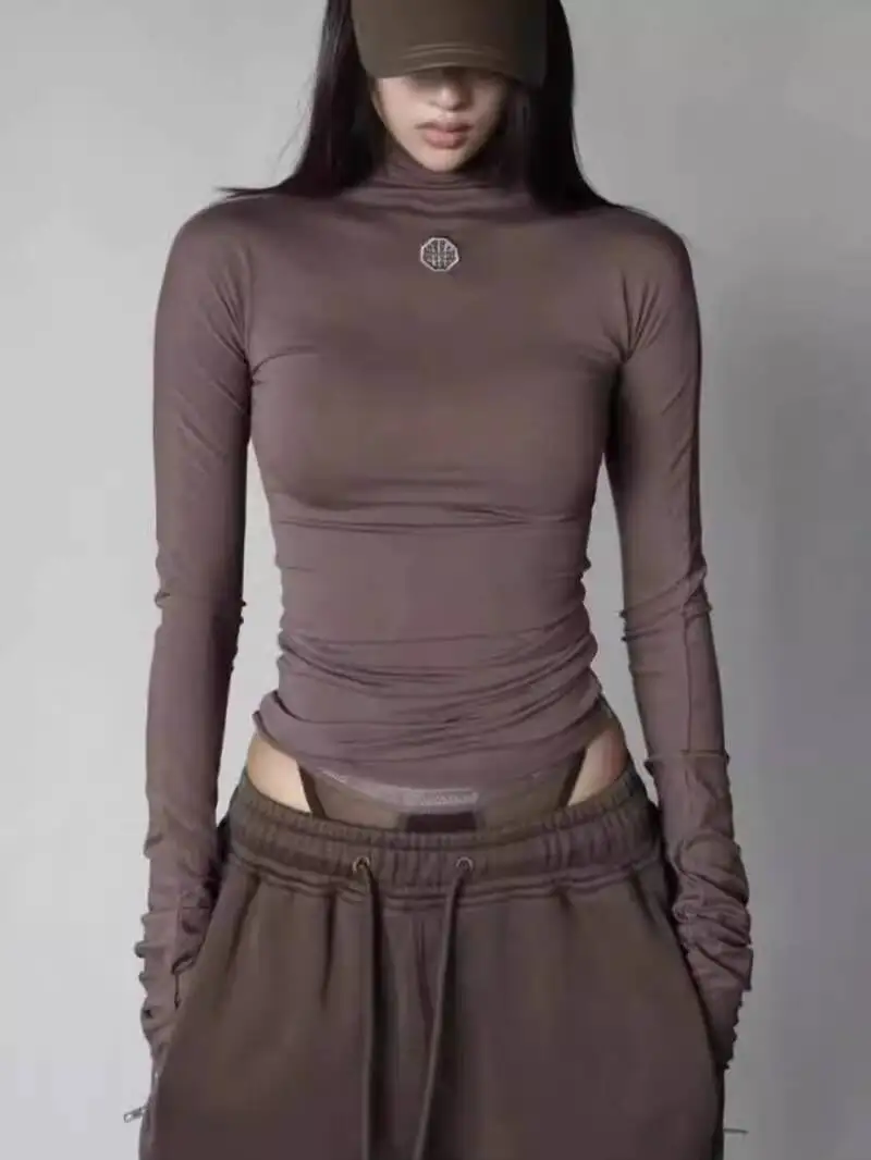 2025年新作 ハイストレッチ モダール素材 タートルネック スリムフィット ブラックデザイン セクシー 細見え 秋 長袖 レイヤードトップス