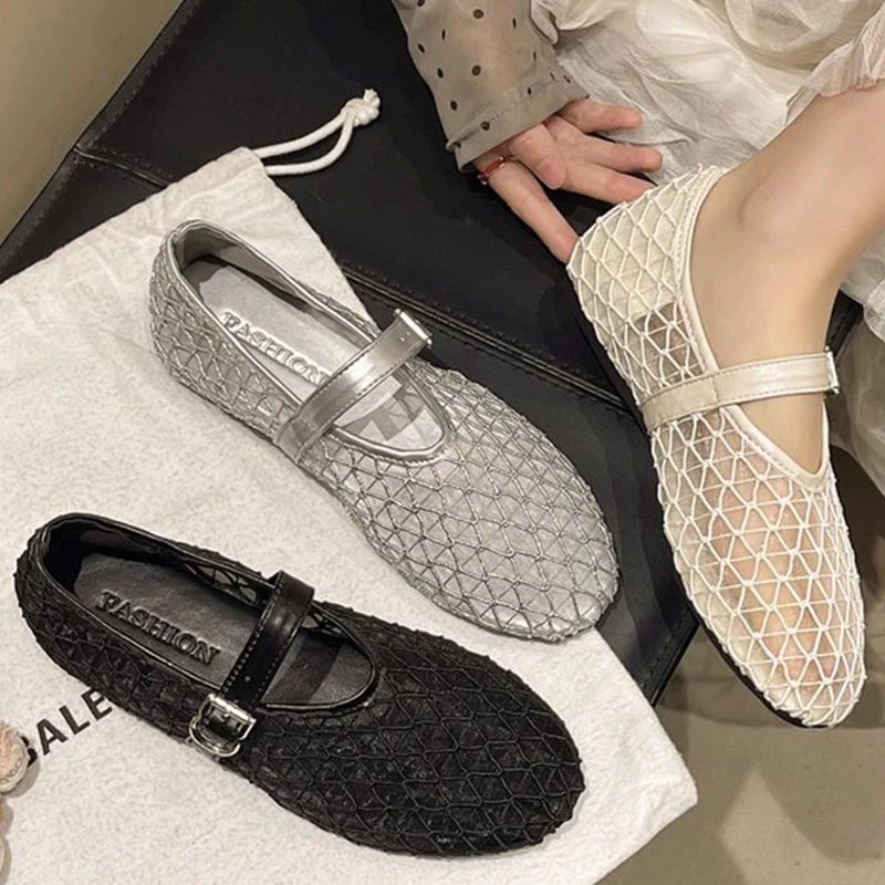 Womens Mesh Flat Sandals Summer Breathable Hollow Out Fishnet Ballet Shoes Buckle Strap Lightweight Sandals Size 35-42