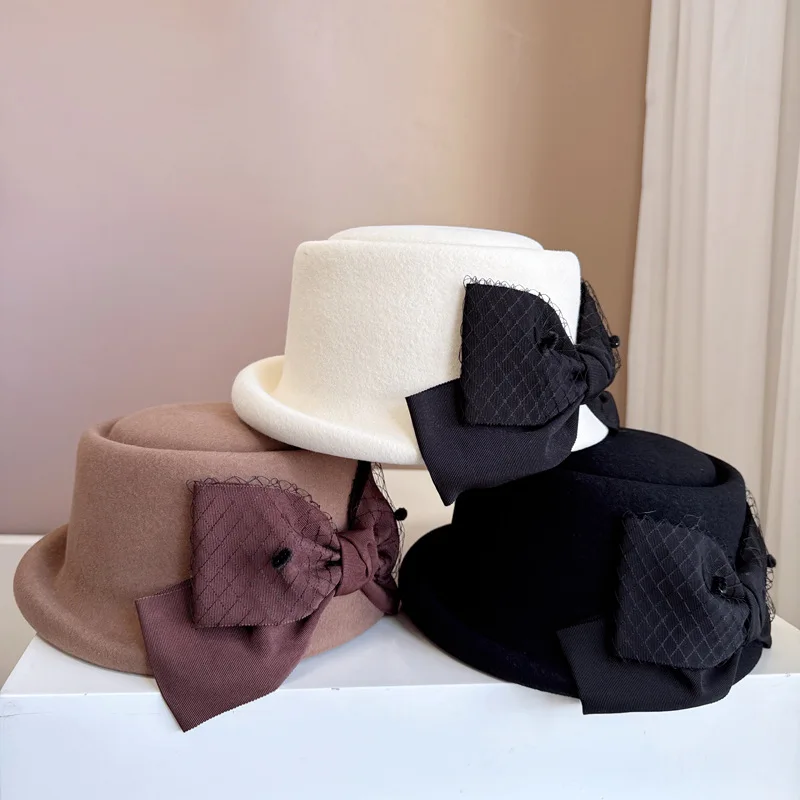 Japanese curl-brimmed top hat 100% Australian wool felt hat Women's elegant fashion Hepburn wind mesh large butterfly basin hat