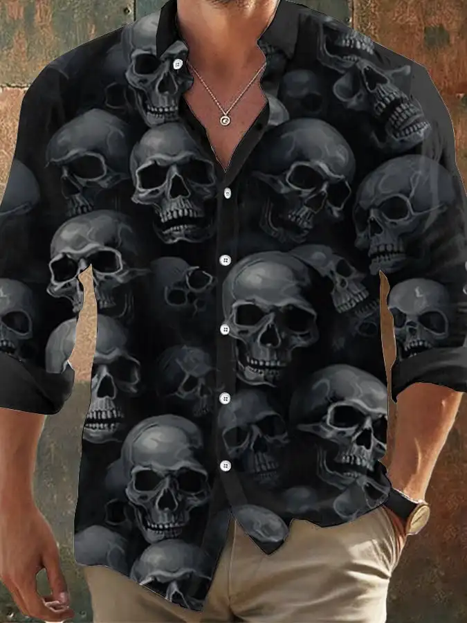 2024 Men's Vintage Dark Skull Print Long Sleeve Shirt - Skull Print,Regular Fit,, Lapel Collar, Polyester Blend,Halloween Party