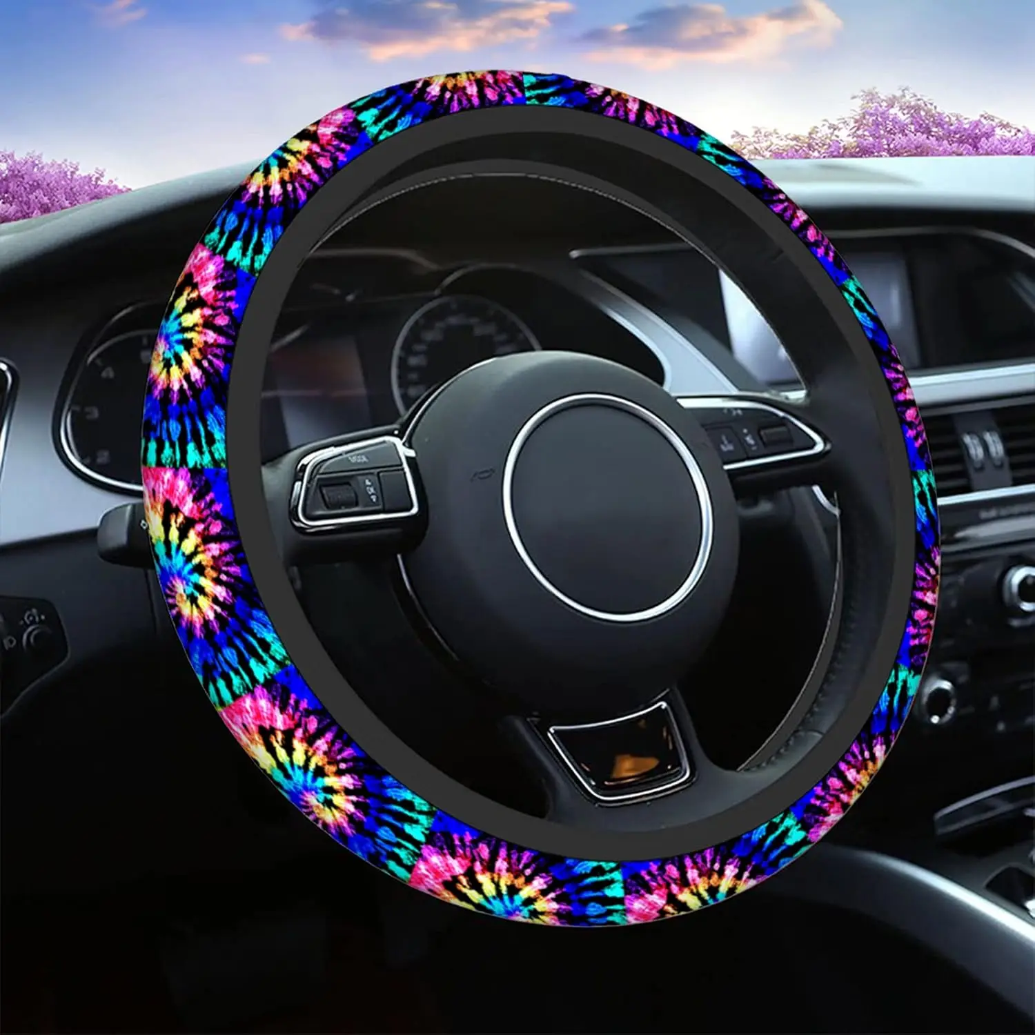 Tie Dye Auto Car Steering Wheel Cover for Women Girls Rainbow Shibori Print 15 Inch Steering Wheel Protector Case,Fits for