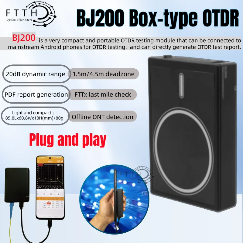 

Мини-OTDR Grandway BJ200 1550нм 1650нм, поддержка тестирования оптоволокна в режиме реального времени 20дБ, Plug and Play, малая зона глухой зоны 1.5м/4.5м, совместимость с Android