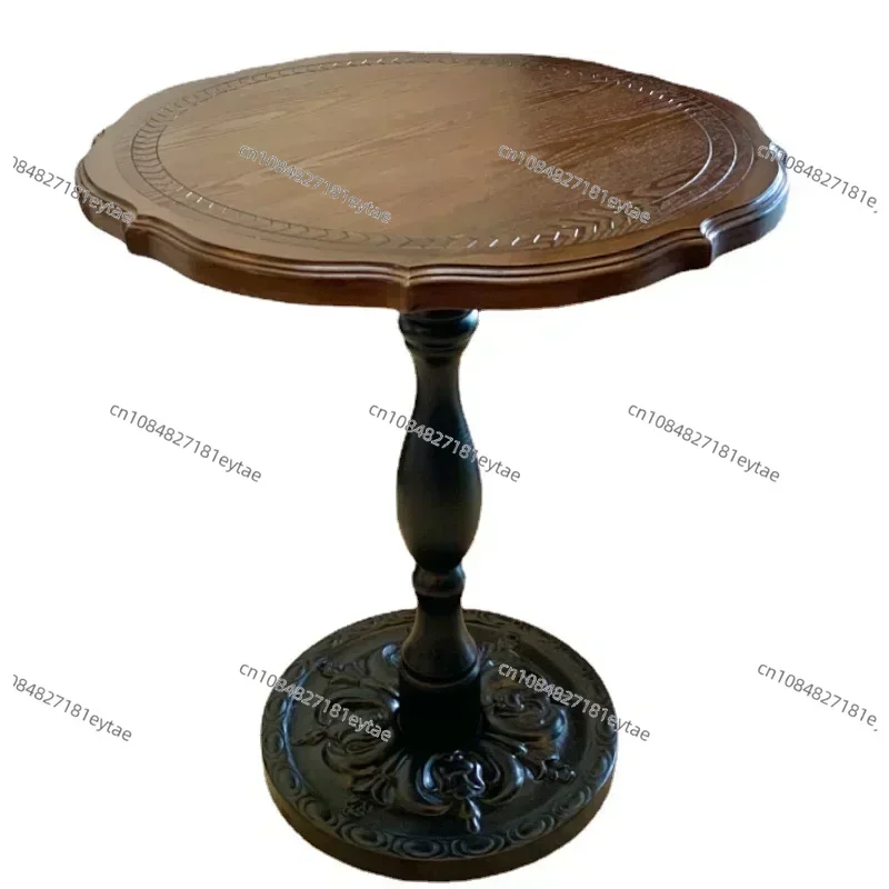 Retro Carved Solid Wood Sofa Side Table, Elegant Small Round Coffee Table for Living Room