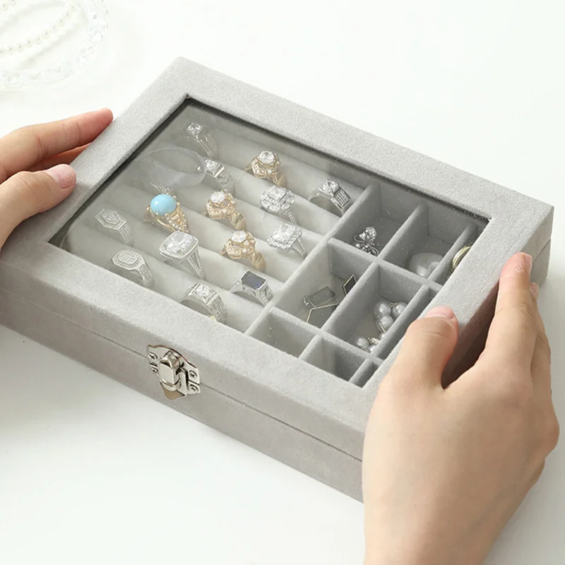 Fashion Velvet Jewelry Box Organizer Jewelry Display Case with Glass Cover Earrings Ring Bracelet Carrying Cases Necklace Holder