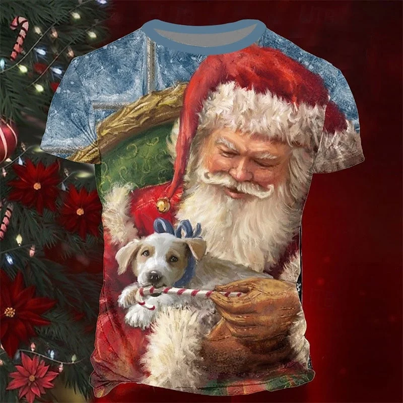 Funny Santa Claus Pattern T Shirt For Men Christmas Dog 3D Printed Tees Summer Casual Short Sleeve Loose T-Shirts Round Neck Top