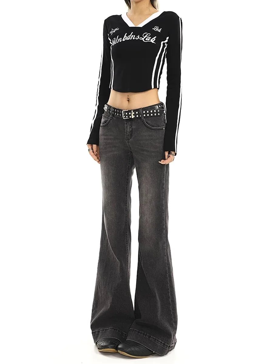 Y2K Jeans lavati vintage da donna Pantaloni lunghi a ferro di cavallo dimagranti retrò elasticizzati leggermente svasati slim fit