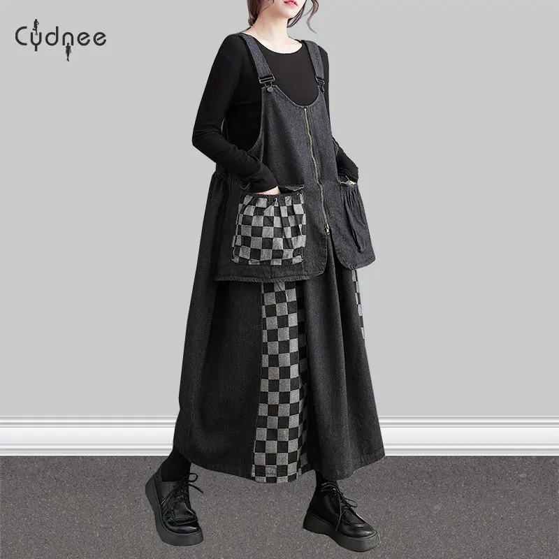 Women's Casual Solid A-Line Straps Overall Sunress Plaid Checked Black Patchwork Cotton Denim Strap Dresses