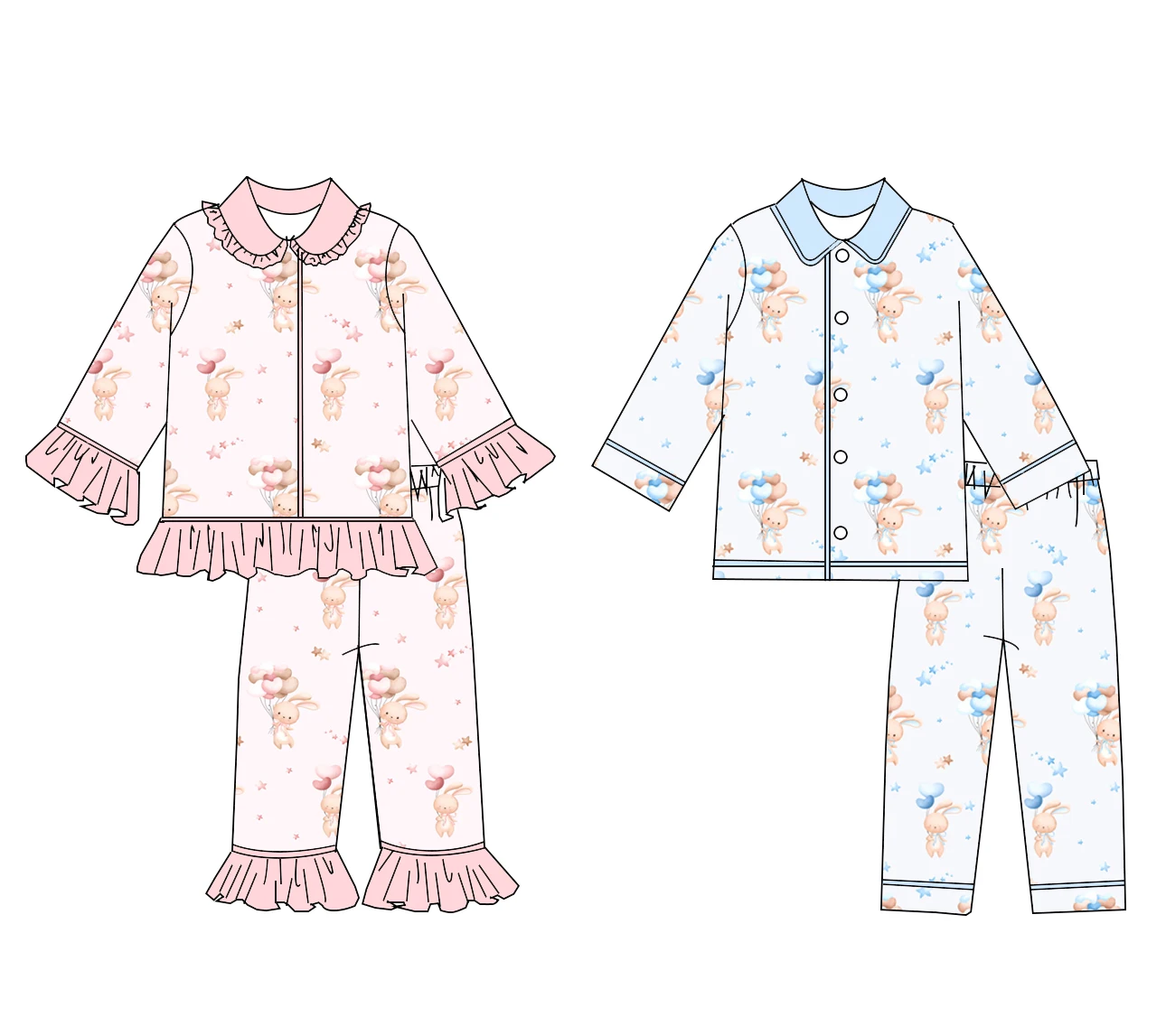 

Бутиковый пижамный комплект с длинными рукавами и длинными штанами с принтом пасхального кролика, розовый и синий лацкан для мальчиков и девочек