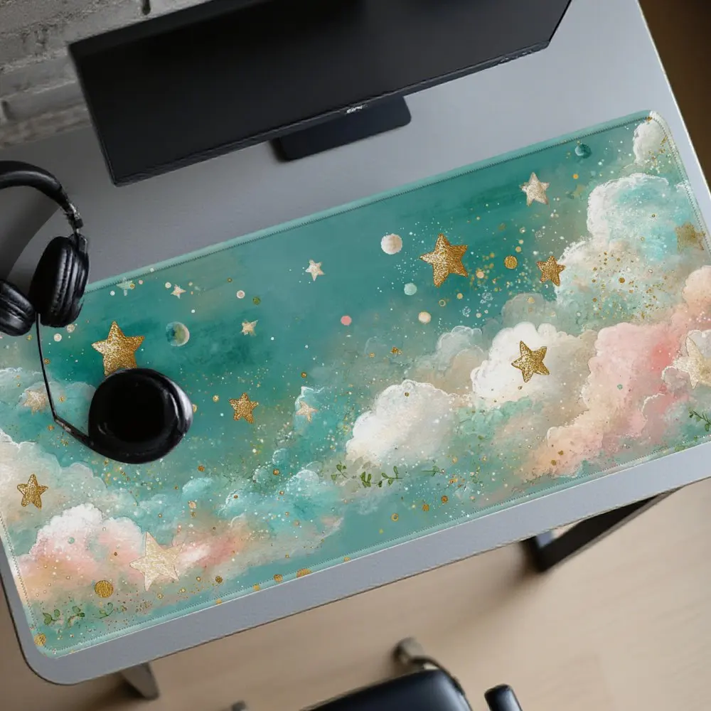 Dreamy Gold Stars Watercolor Gaming Desk Mat Extra Large Soft Polyester Non-Slip Mouse Pad