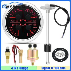 85mm Gauge Alarm 4 IN 1 Oil Pressure/Water Temp/Voltmeter/Fuel Level Meter 0-190 ohm Oil Level Sensor Water Temp Sensor Custom