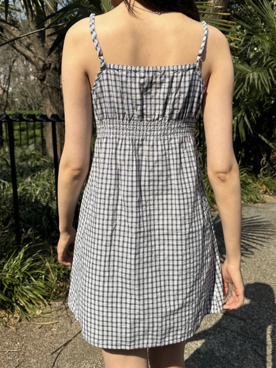 Blue Plaid V-neck Mini Dress Women Summer Casual Buttons Lace Trim A-line Short Vestidos Vintage Sweet Preppy Style Y2K Dresses