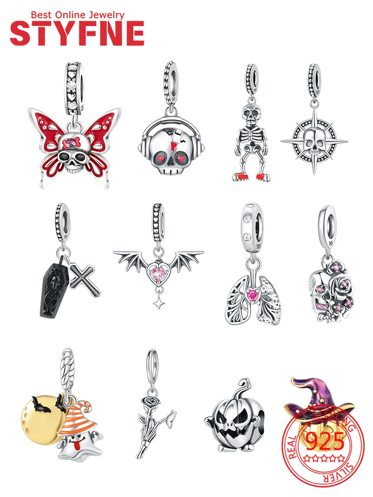 

Charms 925 Silver Halloween Skull Witch Pumpkin Bat Rose Beads Pendant Fit Original Bracelets DIY Fine Jewelry Gifts for Women