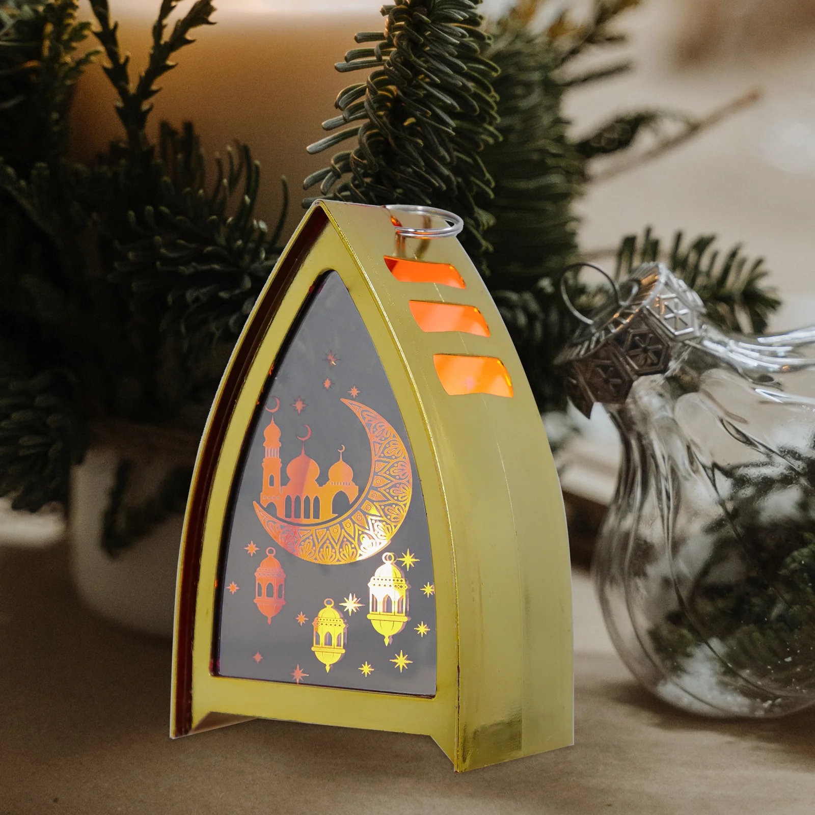 Electronic Lantern Decoration Eid Golden Islamic LED for Home Ramadan Lights Desktop Glass Plastic Lamp Decorations