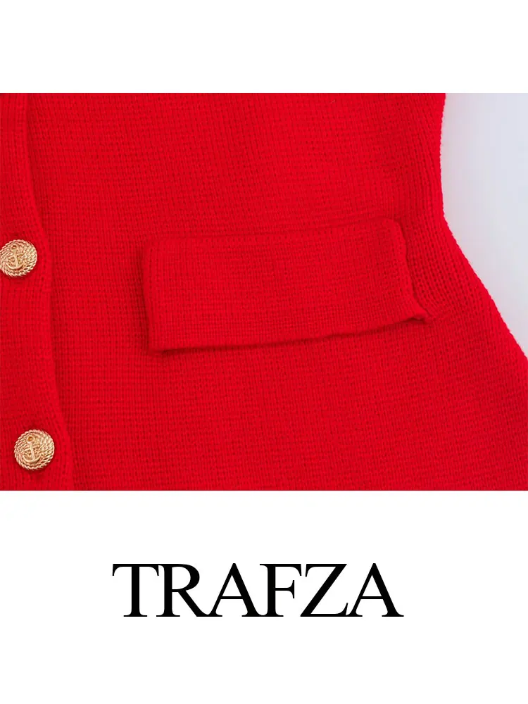 TRAFZA Women Knitted Cardigan Coat Golden Button Long Sleeve Lapel Sweater Autumn Fashion Simple Solid Casual Female Chic Top