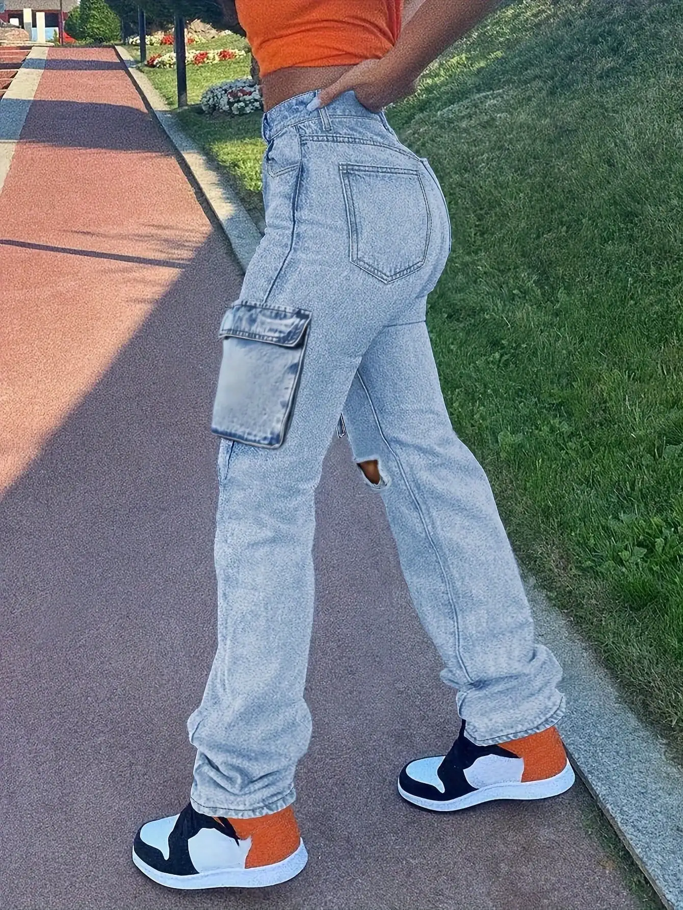 Y2K Women's Wave Shaped Side Leg Pocket Wide Leg Straight Tube Piercing Boyfriend Women's Jeans