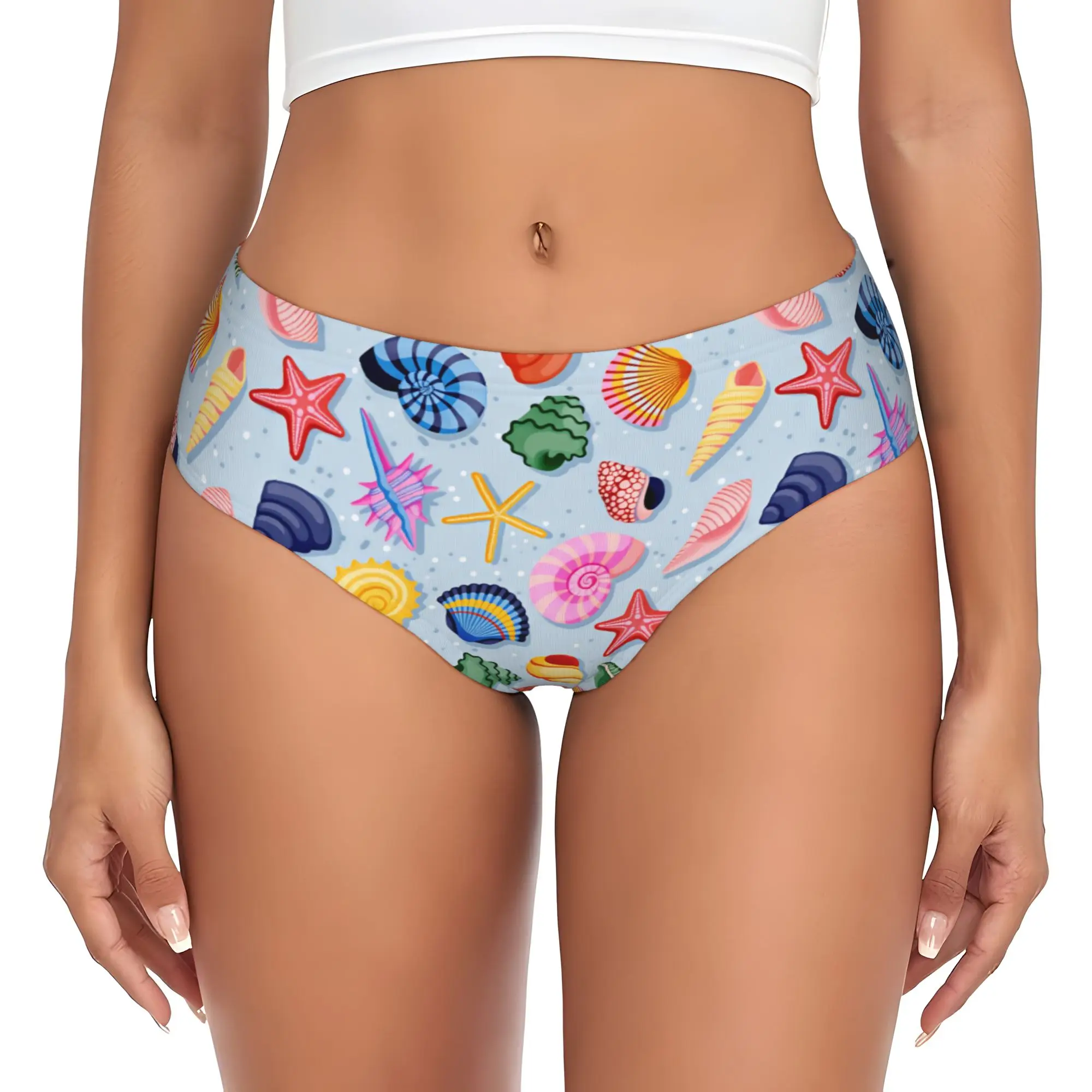 Women's Marine Life Conchs  Starfishes Murex Shells Brief Panties Female Soft  Underwear Underpants