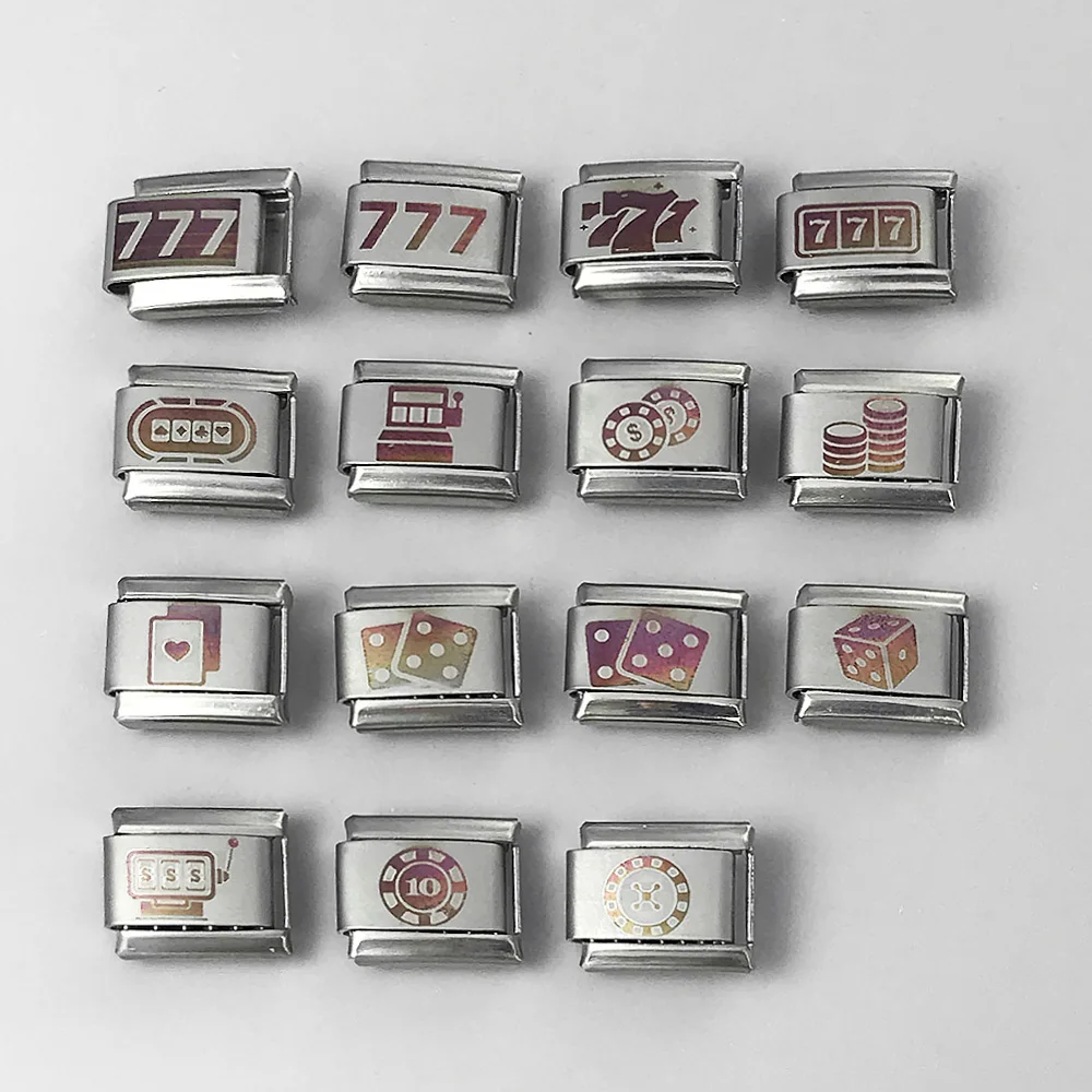 1 Stück modischer Laser-Poker-Casino-Stil-Charm für Damen und Herren, italienische Glieder, passend für 9-mm-Armbänder, Edelstahlschmuck, DIY-Basteln – Detail 2