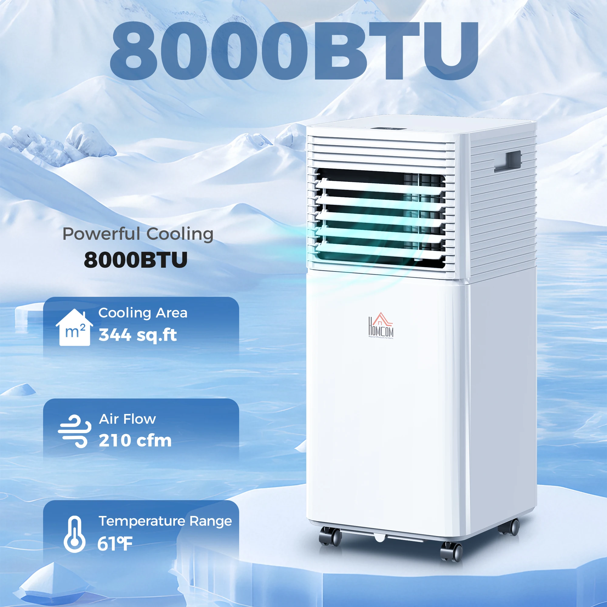 HOMCOM 8000 BTU Mobile Portable Air Conditioner for Rooms Up to 344 Sq.Ft., 4-in-1 AC Unit with Cooling, Dehumidifier, Fan, Sleep Mode, Remote, 24H Timer, LED Display, Window Kit, White