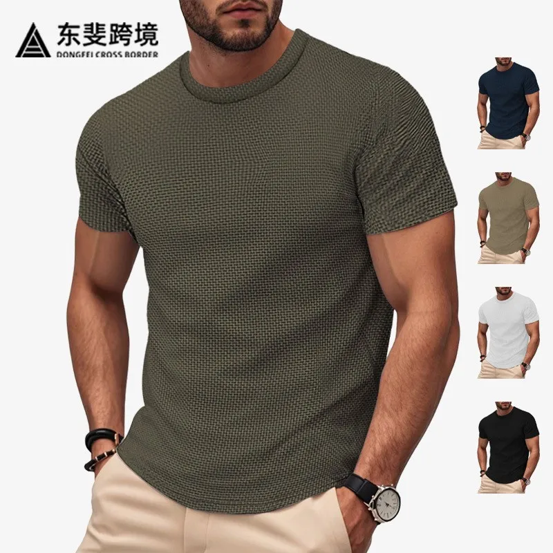Short Sleeve T Shirt Men Round Neck Olive Green Navy Blue T Shirts Slim Fit Solid Color Lightweight Tee Black Seamless Collar