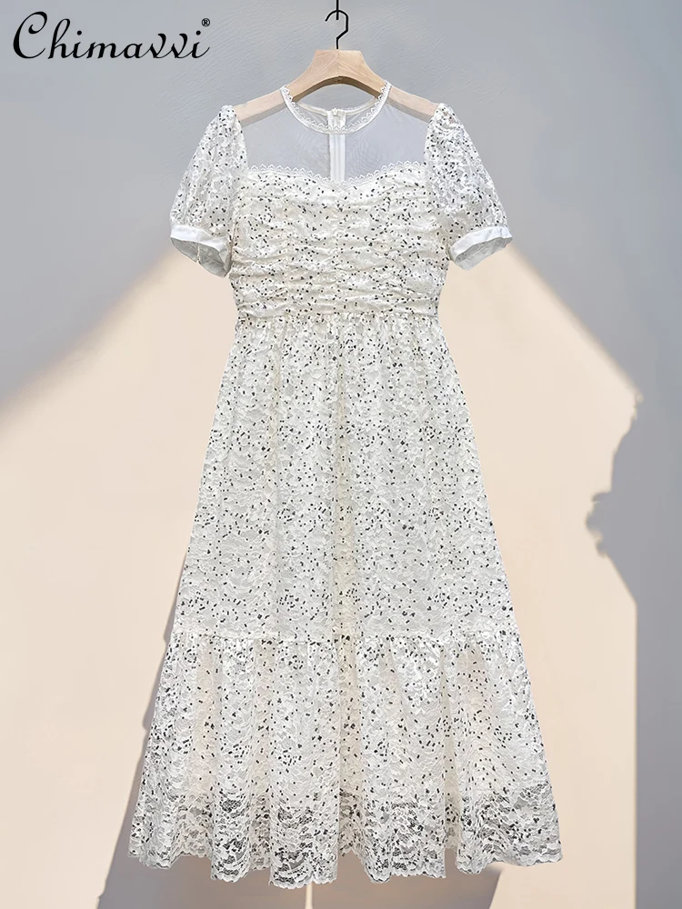 

French Elegant Temperament Socialite Mesh Lace Sequin Dress Round Neck Short Sleeve High Waist Slim A-line Long Dress for Women