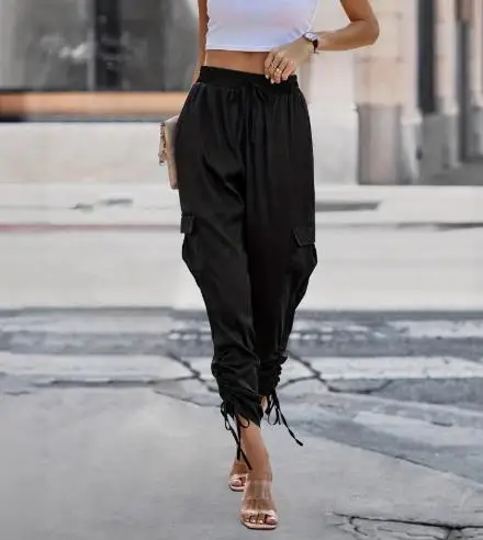 Spring and Summer Solid Color High Waist Large Pocket Pleated Design Haren Pants Women's Trendy High Street Style Cropped Pants