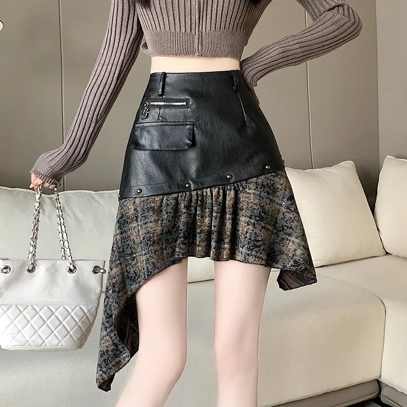 Sexy Irregular Pu Leather Skirt Women's 2024 Y2k Sweet High Waist Skirts Female Fashion Ruffles Patchwork Falda Mujer Gothic New