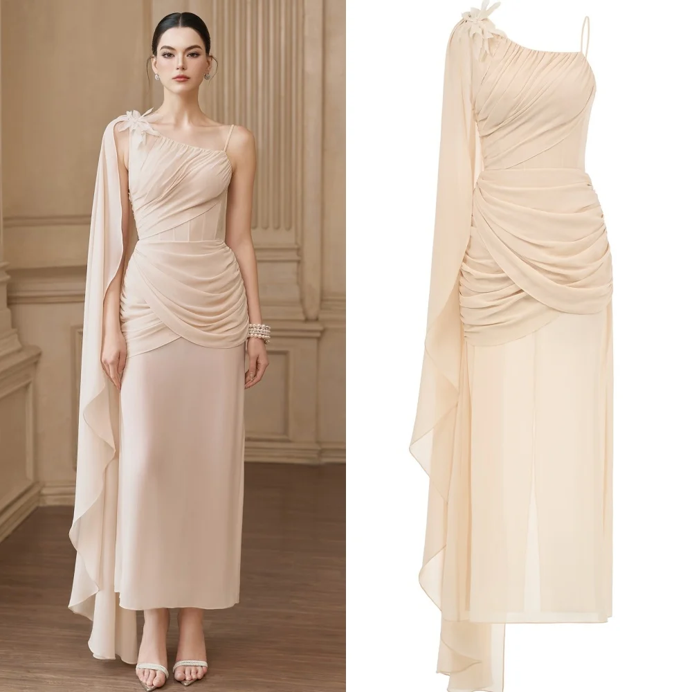 

Customized Modern Style Pastrol Chiffon Ruched Pearl Flower Beading Straight One-shoulder Long Dresses Bespoke Occasion Dresses