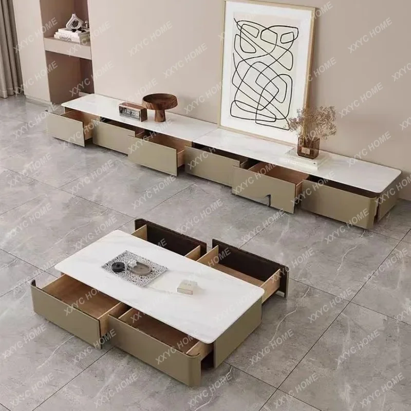 

L Living Room Home Modern Saddle Leather Rectangular Rock Slab Coffee Table TV Cabinet Set Rock Slab Coffee Table Floor Cabinet