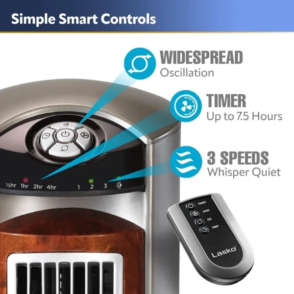 Lasko Oscillating Tower Fan, Nighttime Setting, Remote Control, Portable, Timer, for Bedroom, Home and Office