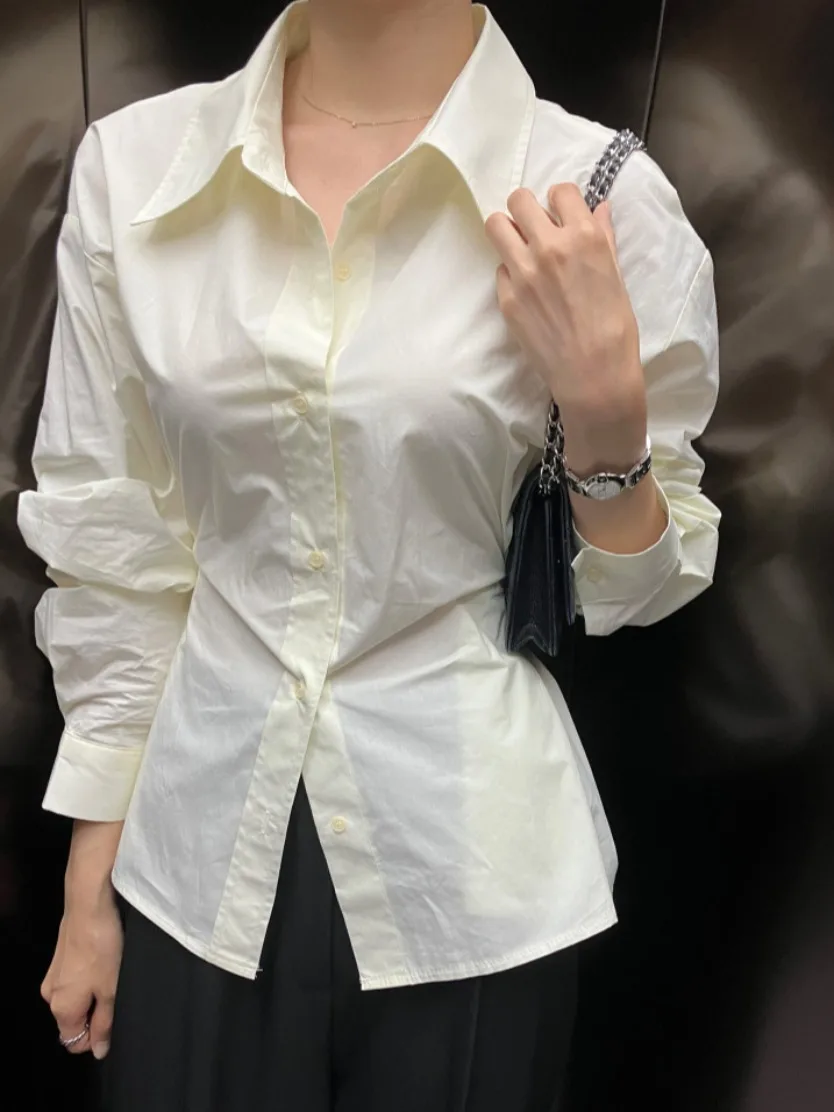 เสื้อเชิ้ตผู้หญิงทรงเข้ารูป แขนยาว คอปกพับได้ ผูกเอว ดีไซน์เก๋ไก๋สำหรับต้นฤดูใบไม้ร่วง ผ้าฝ้าย 00%