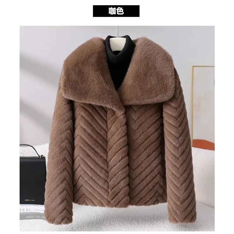 新作2026年輸入ベルベットミンクジャケット ルーズファー ヤングファー一体型 レディース ダブルレイヤー 大きなファー襟 ミンクジャケット コーヒー色