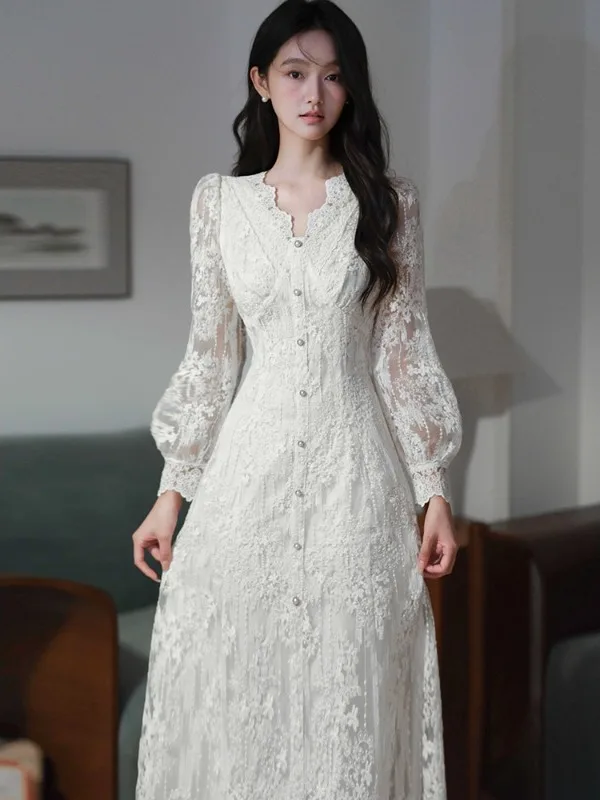 

Нежное платье с V-образным вырезом и кружевом, длинное, с завышенной талией, уникальное, маленького размера, осеннее, модное, женское