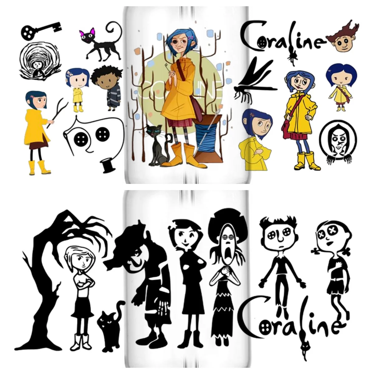 

Hot Sale Coraline Cartoon UV DTF Cup Wrap DIY Mug Phone Transfer Sticker, Waterproof Horror Movie 3D Decal for Libbey Glass Jar